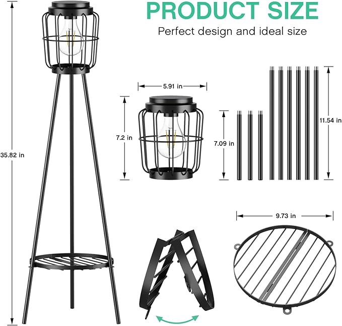 Solar Lights with Plant Stand, Outdoor Floor Lamp, Waterproof Solar LED Edison Bulb Light Flower Shelf for Patio Porch Deck Yard Garden Decor-1 Pack