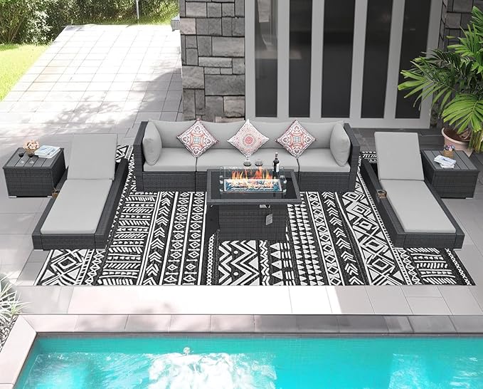 NICESOUL 9 Piece Patio Set with Fire Pit Table Natural Gas/Propane, 29.3'' High Backrest XL Large Outdoor Furniture with Firepit & Chaise Lounge, Wide & Deep Seating Wicker Sectional, Light Grey