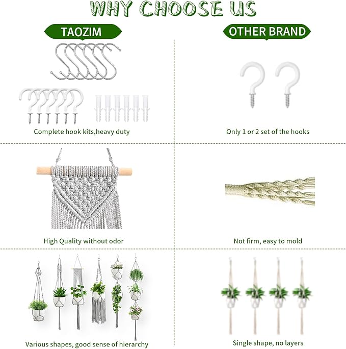 Macrame Plant Hangers, 6Pack Hanging Plant Holders Indoor w/ 6 Set Hooks Handmade Cotton Rope Plant Hangers Set Flower Pots Holder Stand Boho Home Decor Hanging Planters for Indoor Outdoor Plants