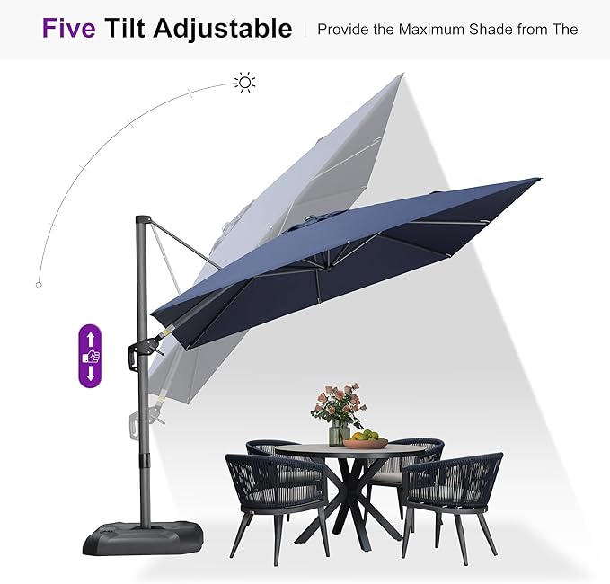 PURPLE LEAF 9'×9' Patio Umbrella with Base Outdoor Cantilever Umbrella with Cover Aluminum Square Offset Umbrella with 360-degree Rotation for Deck Pool Garden Navy Blue