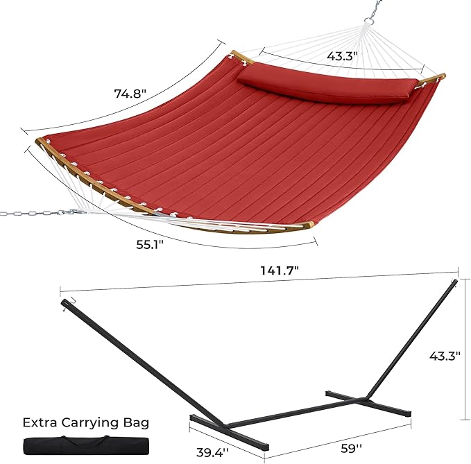 SUPERJARE Hammock with Stand, 2 Person Heavy Duty Hammock with Padded Cotton, Detachable Pillow & Strong Curved-Bar & Portable Carrying Bag, Perfect for Outdoor & Indoor, Burgundy