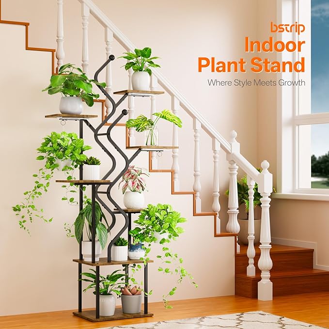 Bstrip 63 Inch Plant Stand with Grow Light, 7-Tier Indoor Plant Shelf with Hanging Hooks, Decor Corner Plant Stand for Living Room & Patio, Black