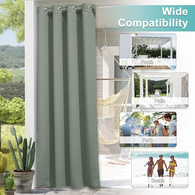 NICETOWN Outdoor Curtainch for Patio Waterproof 84 inch Wide, Thermal Insulated Rustproof Grommet UV Blocking Cabana Curtainch & Drape, Privacy Safe Shade for Gazebo, Sage Green, 1 PC, 95-Inch Long
