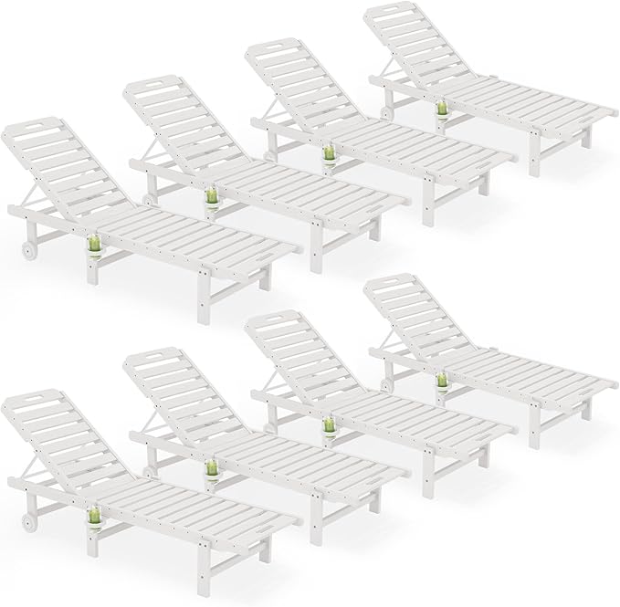SERWALL Outdoor Chaise Lounge Set of 8, HDPE Pool Lounge Chairs with 5-Position Adjustable Backrest, Patio Loungers with Rolling Wheels & Cup Holder for Pool Sunbathing, White