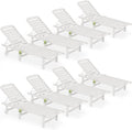 SERWALL Outdoor Chaise Lounge Set of 8, HDPE Pool Lounge Chairs with 5-Position Adjustable Backrest, Patio Loungers with Rolling Wheels & Cup Holder for Pool Sunbathing, White