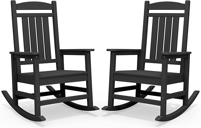 SERWALL HDPE Outdoor Rocking Chair Set of 2, Patio Rocking Chairs, All-Weather Porch Rockers for Adults, Black