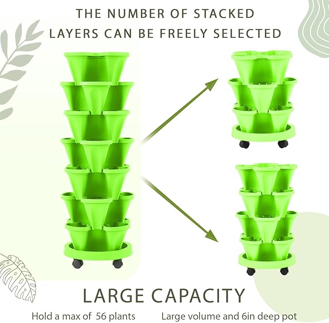 Umigy 2 Set of 7 Tier Vertical Planter Stackable Tower Planters Strawberry Herb Flower and Vegetable Pots Indoor Outdoor Gardening Pots with Removable Wheels and Tools(Light Green)