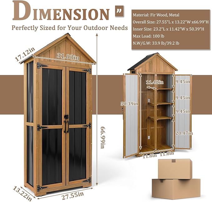 PetsCosset Outdoor Storage Cabinet Waterproof, Outdoor Storage Shed with Shelves, Wood & Metal Patio Backyard Garden Storage Cabinet Tool Organizer for Outside