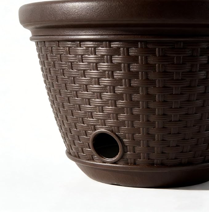 Decorative Wicker Garden Hose Holder Pot - 100 Foot Hose Storage with 4 Drain Holes, Java Brown Resin Outdoor Container, 18 x 12 Inch