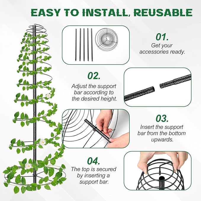 2 Pack Spiral Trellis for Climbing Plants Outdoor, 45 Inch Tall Heavy Duty Metal Garden Tower, Decorative Plant Support with Anti-Tip Stake,Rustproof for Clematis Pole Beans Cucumber Berry Vines Pots