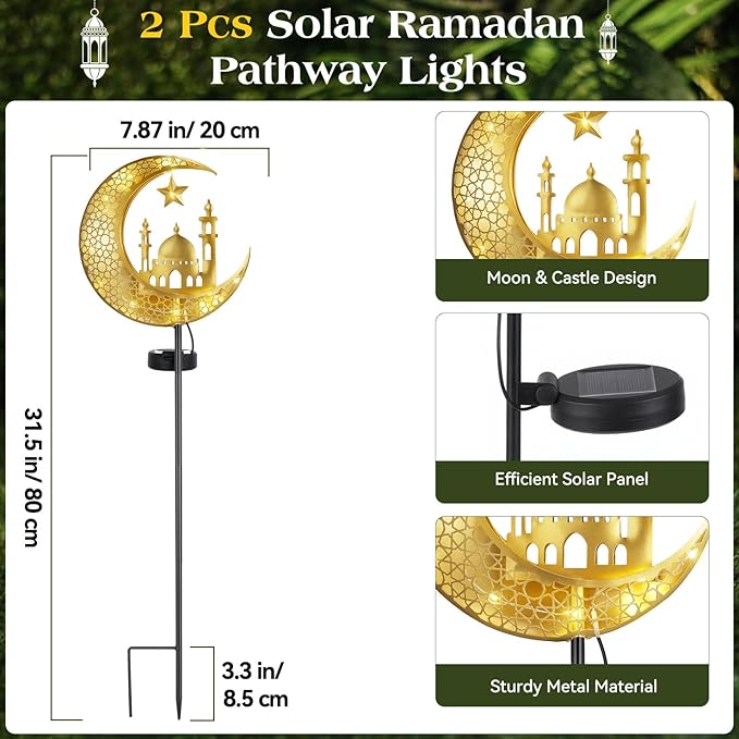 Lewondr 2Pcs Ramadan Solar Lights, Ramadan Decorations Outdoor, Metal Yard Signs LED Eid Decorations Mubarak Star Moon Castle, Waterproof Solar Garden Stakes Lights for Walkway Lawn Patio