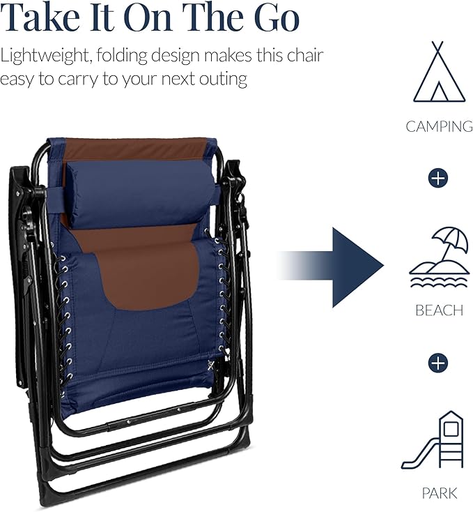 Best Choice Products Oversized Padded Zero Gravity Chair, Folding Outdoor Patio Recliner, XL Anti Gravity Lounger for Backyard w/Headrest, Cup Holder, Side Tray, Polyester Mesh - Navy/Brown