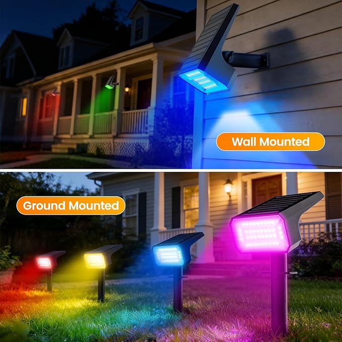 Fabrito Color Changing Solar Spot Lights Outdoor 4 Pack, [6+1 Lighting Modes] Auto On/Off RGB Spotlights, Waterproof Multicolor Landscape Lights for Garden, Tree, Halloween, Christmas