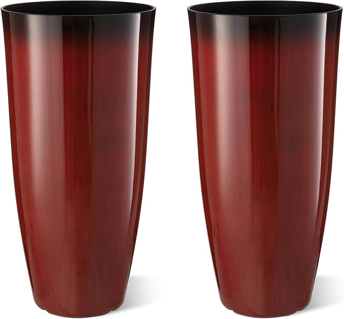 Glitzhome 30" H Oversized Tall Planter, Set of 2 Large Outdoor Planters with Drainage Holes, Gradient Red Faux Ceramic Finish, Large Flower Pots Plastic Plant Pots for Indoor Outdoor Front Door Patio