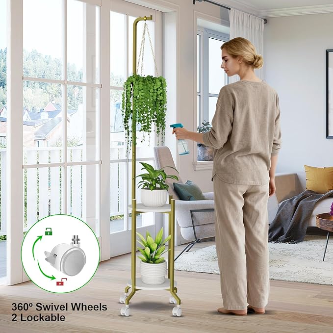 Plant Stand Indoor, 2 Tier Hanging Tall Plant Shelf with Wheels, 3 Potted Corner Flower Stand Metal Plant Holder, Plant Shelves for Living Room, Bedroom, Patio, Outdoor, Gold