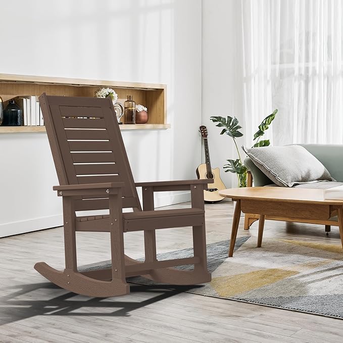 GREENVINES Outdoor Rocking Chairs | Set of 4 | Porch Rocker | HDPE Plastic | Wood Grain | Oversized Rockers | High Back | Big & Tall | Ladder Back | Dark Brown | for Patio Outside