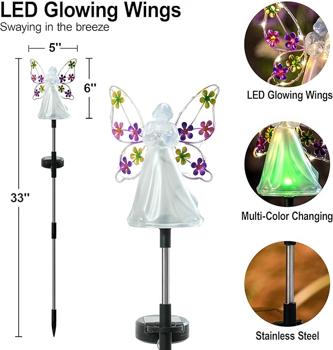 Angel Solar Lights for Cemetery Memorial Gift Grave Decorations Solar Angel Stake Lights Outdoor Waterproof Garden Decor Yard Lawn Ornaments, Angel Gifts for Women 2 Pack