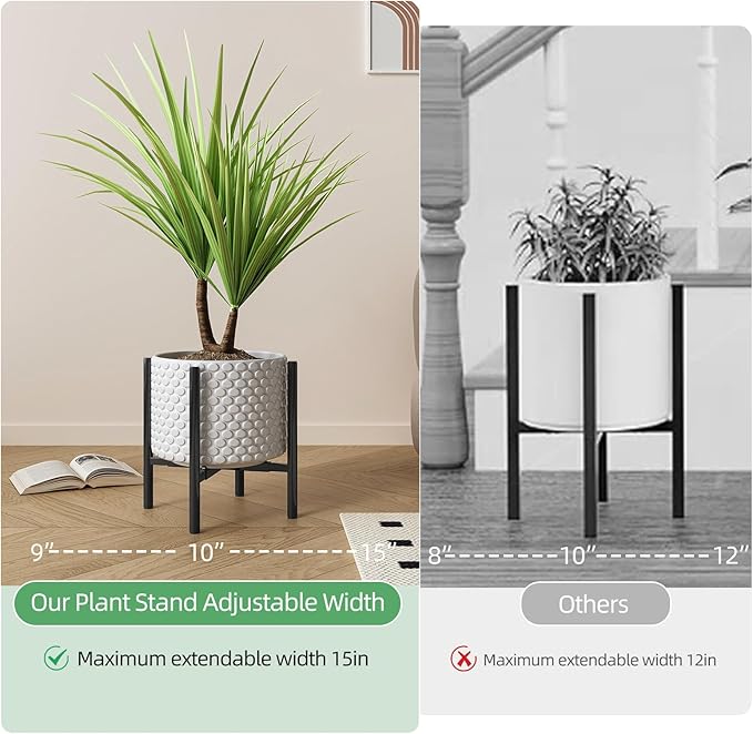 Adjustable Plant Stand Indoor Outdoor, Metal Plant Stand 9 to 15 Inches, Mid Century Modern Floor Flower Pots Stand, Plant Holder for Home Garden Decor Load Bearing 160 LB Black