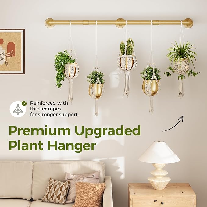 Bamworld Plant Hanger Indoor Hanging Planters for Indoor Plants Hanging Plant Holder Window Plant Rod Gold Metal Shelves 63 Inch