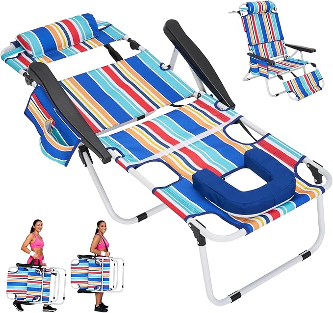 ABORON Tanning Chair with Face Hole, 5-Position Adjustable Reclining Beach Lounge Chair, Folding Face Down Sun Lounger for Beach, Poolside, Patio, Lawn, Home(Multicolor Stripes)