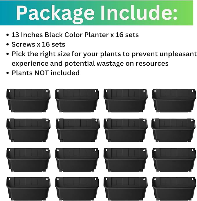 Maxona Black Color Vertical Garden Planter - 16 Pack, 13 inch Wall Mounted Planter for Patio Outdoor Decor, Home Plastic Pot Balcony Plant Vegetable Fruit Herb Hanging Pocket Holder Flowerpot