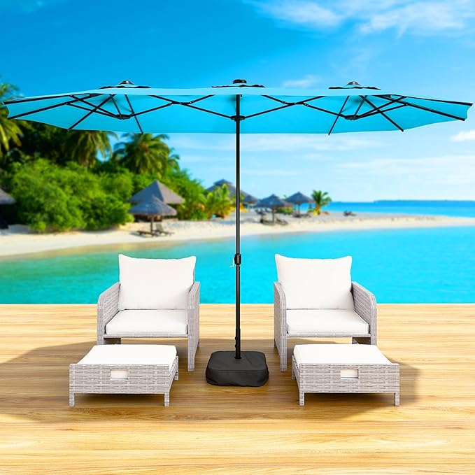 LEVELEVE 14FT Double-Sided Patio Umbrella with Base Included, Large Outdoor Rectangular Market Umbrella for Backyard, Poolside, Lawn & Garden,Blue