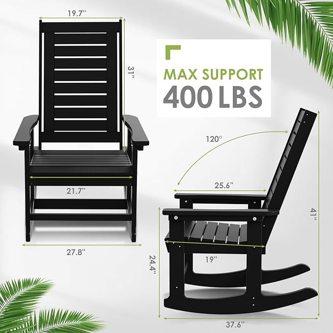 GREENVINES Outdoor Rocking Chair Set | 3-Piece | 2 Rocking Chairs with 1 Side Table | Porch Rocker | HDPE Plastic | Black | Patio Furniture Sets | High Back | Big & Tall | Ladder Back