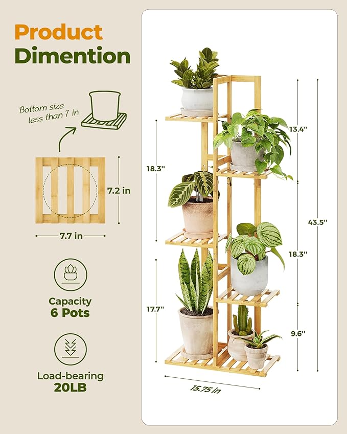 Bamworld Bamboo Plant Stand Indoor 5 Tiered Plant Shelf Outdoor Corner Plant Rack for Multiple Plants Flower Stand Plant Holder for Living Room Bedroom Balcony Patio Garden 43 Inch Natural