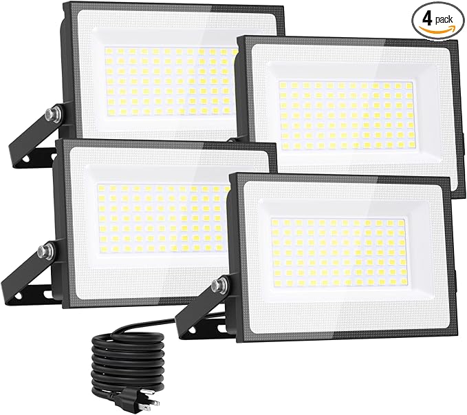 Onforu 80W Flood Lights Outdoor, 8000lm Bright LED Work Light with Plug, 6500K Daylight White LED Flood Lighting, IP66 Waterproof Security Yard Lights for Garage Stadium 4 Pack