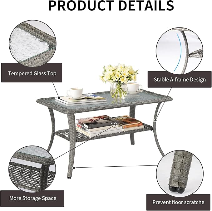 VINGLI Outdoor Coffee Table with Storage Wicker Patio Coffee Table, Tempered Glass Top Coffee Table for Patio Outside Balcony Porch Deck (Grey)