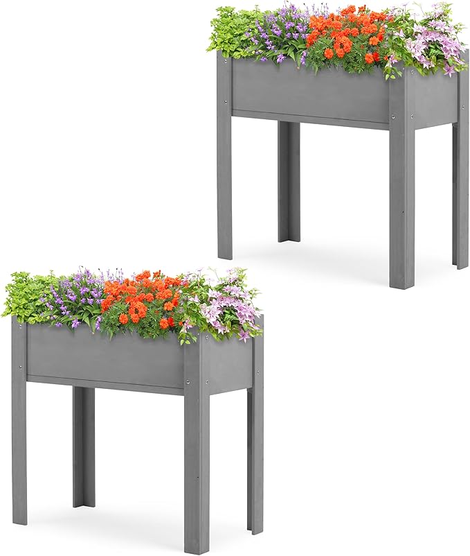 SoliWood Set of 2 Raised Garden Bed with Legs, 31x16x31'', Outdoor Wood Elevated Planter Box, Grey Cedar, Thick Legs, w/Liner
