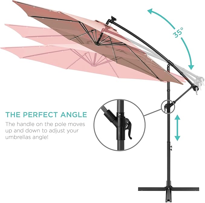 Best Choice Products 10ft Solar LED Offset Cantilever Hanging Market Patio Umbrella, 8 Sturdy Ribs, Easy Adjustment - Rose Quartz