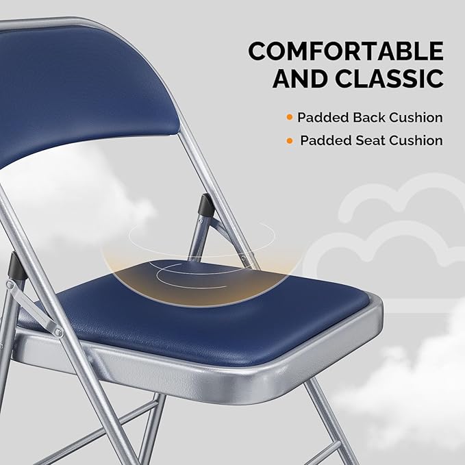VINGLI 6 Pack Folding Chairs with Padded Seats, Metal Frame with Pu Leather Seat & Back, Capacity 350 lbs, Blue