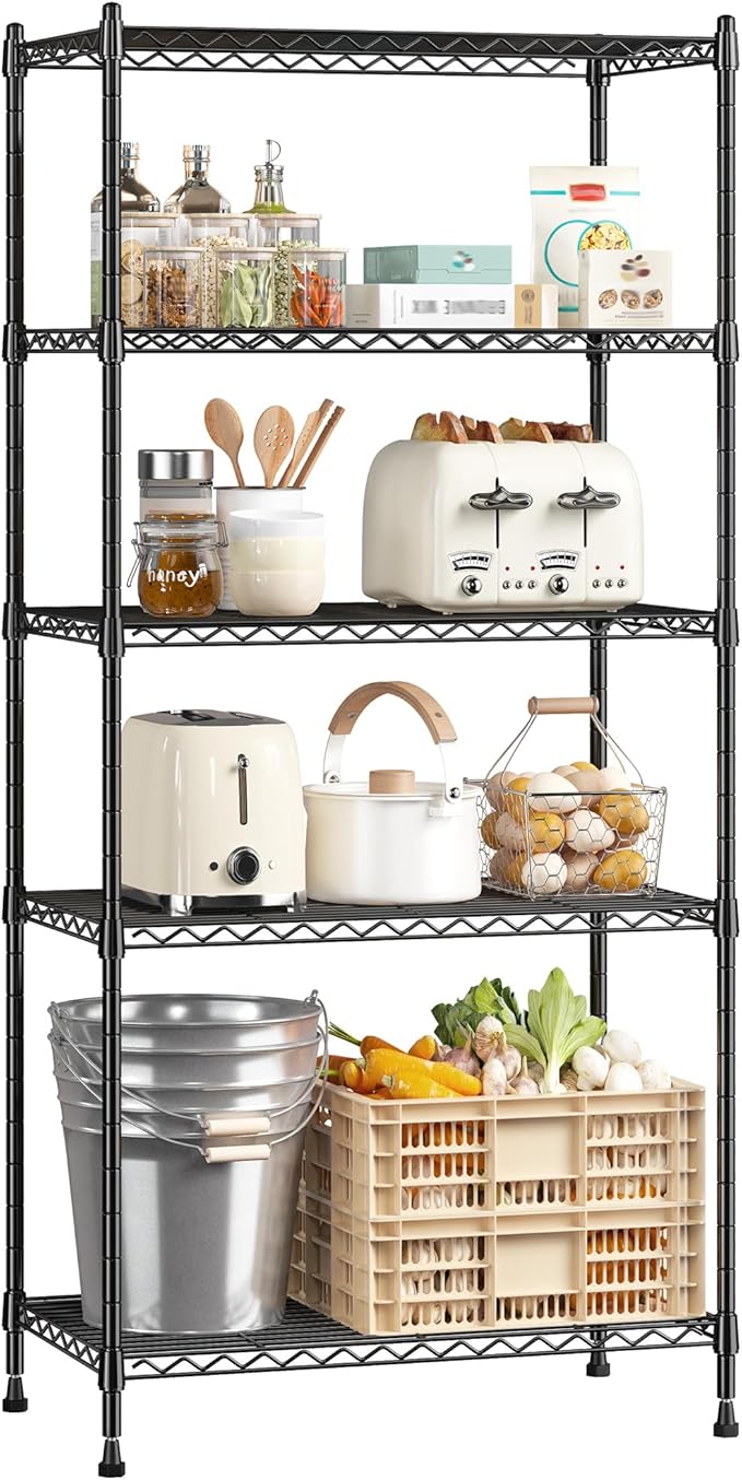 5-Tier Shelf 1010LBS Storage Shelves Adjustable Wire Shelving Metal Shelving Unit Storage Rack for Kitchen Pantry Closet Laundry School Commercial 59.4" Hx21.5 W x13.6 D