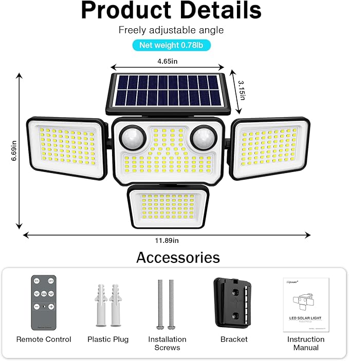 4500LM Solar Lights Outdoor Waterproof, 254 LED Solar Flood Lights Outdoor with 2 Motion Sensor, 4 Heads Security Light with Remote Control for Yard Outside House Garage 2 Pack