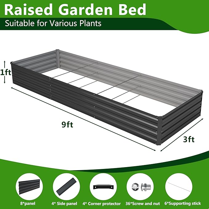 2PCS 9x3x1ft Galvanized Raised Garden Bed Kit, Galvanized Planter Raised Garden Boxes Outdoor, Large Metal Raised Garden Beds for Vegetables,Black