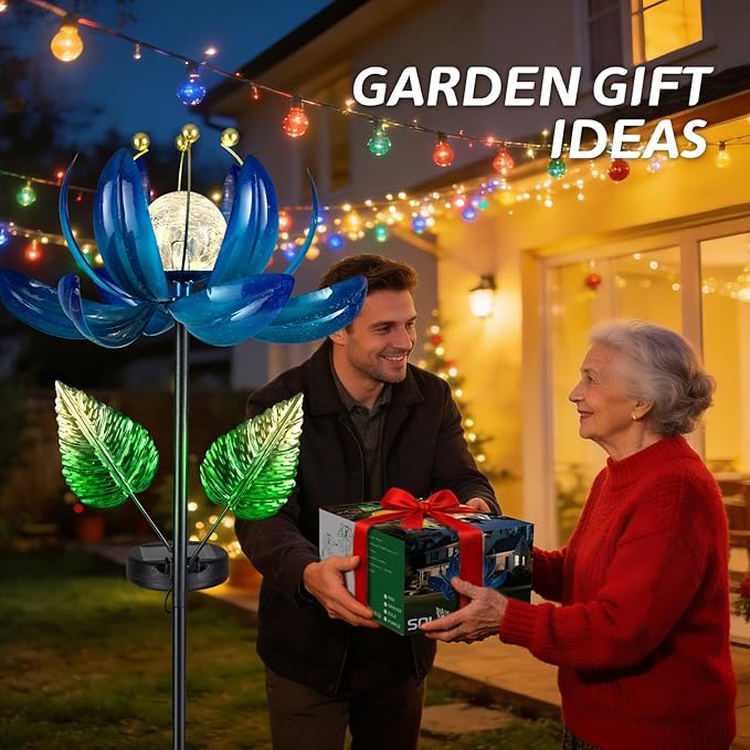 Solar Garden Lights Metal Flower Decor, Colorful Lotus Pathway Spinning Windmill with LED Cracked Crystal Ball Outdoor Decorative Stake Lighting Waterproof Flower Sculpture for Patio Yard