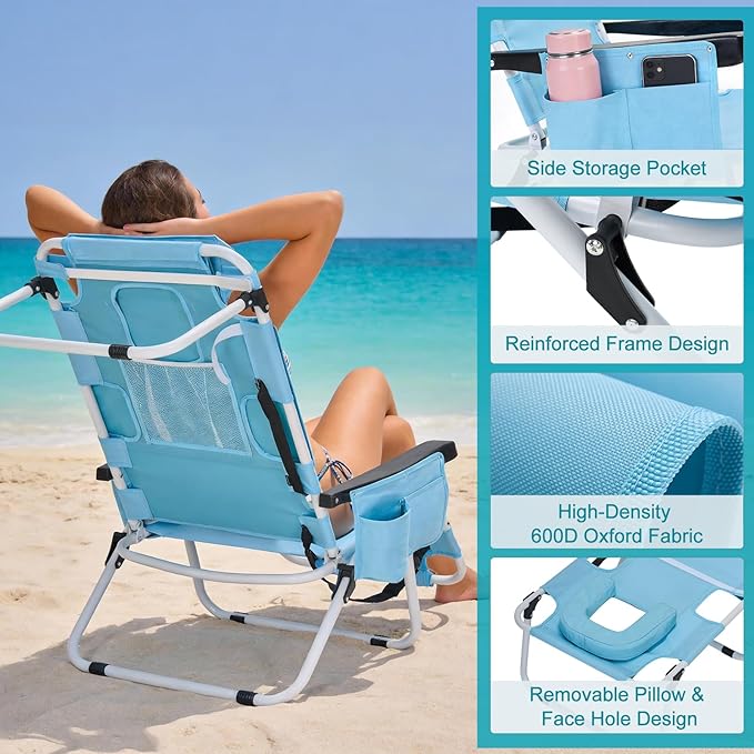 ABORON Tanning Chair with Face Hole, 5-Position Adjustable Reclining Beach Lounge Chair, Folding Face Down Sun Lounger for Beach, Poolside, Patio, Lawn, Home(Sky Blue)