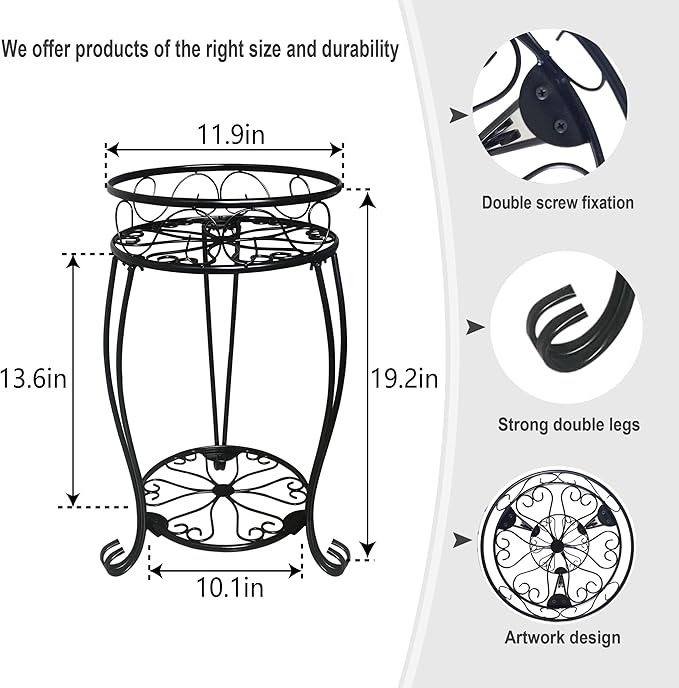 2 Pack 19.2 inch Metal Plant Stand Rack for Round Flower Pot, 2 Tier Potted Holder Indoor Outdoor Rustproof Wrought Iron Heavy Duty Planter Shelf for Corner Living Room Balcony Garden Patio, Black