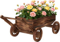 Wooden Flower Cart with Wheels Wooden Wagon Planter Outdoor Garden Planter Decor Planter for Patio Balcony Trolley Decoration Succulent Flower Pot, Indoor Backyard Balcon Decor（Large）