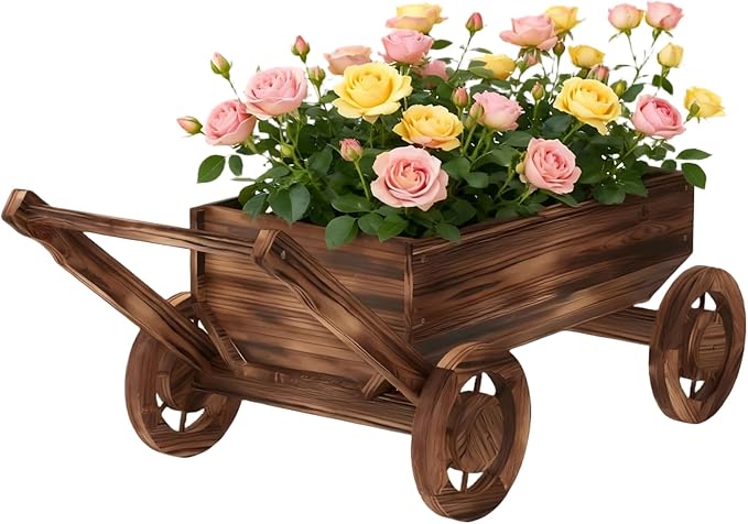 Wooden Flower Cart with Wheels Wooden Wagon Planter Outdoor Garden Planter Decor Planter for Patio Balcony Trolley Decoration Succulent Flower Pot, Indoor Backyard Balcon Decor（Large）