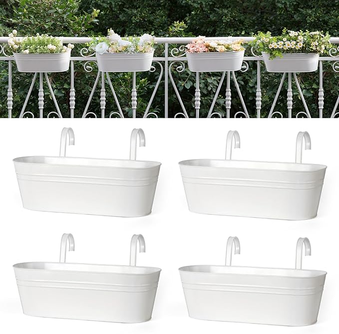 Dahey 4 Pcs Metal Iron Hanging Flower Pots for Railing Fence 15.7 Inch Hanging Bucket Pots Countryside Style Window Flower Plant Holder with Detachable Hooks for Garden Yard Home Decor, White