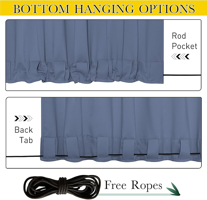 NICETOWN 2 Panels Outdoor Curtains Waterproof Pocket & Back Tab on Top & Bottom, Thermal Insulated Windproof Sun Blocking Outside Privacy Drapes for Patio with Fixed Rope, W84 x L84, Stone Blue