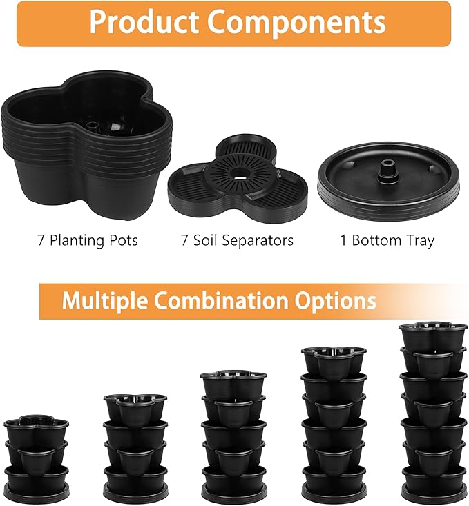VECELO 7 Tier Vertical Garden Planter, Self Watering Stackable Planters with Wheels for Strawberries, Herbs, Flowers, Vegetables, Black