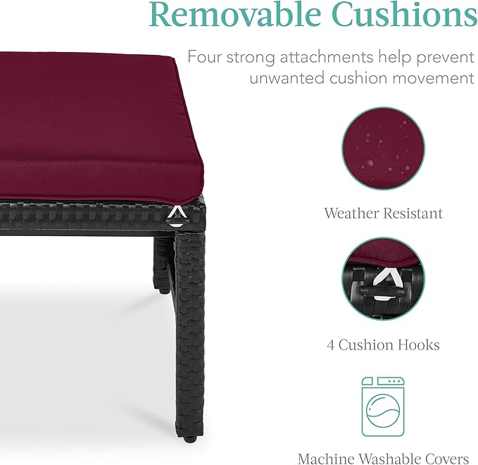 Best Choice Products Set of 2 Wicker Ottomans, Multipurpose Outdoor Furniture for Patio, Backyard, Additional Seating, Footrest, Side Table w/Removable Cushions, Steel Frame - Deep Burgundy/Black