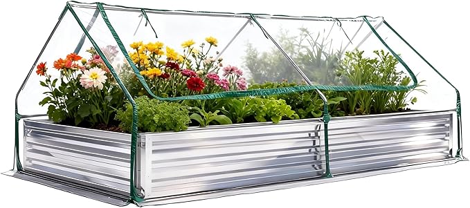 DUMOS Raised Garden Bed with Cover, 8x4x1ft Planter Box Outdoor for Deep-Rooted Herbs/Flowers/Vegetables, Extra Large Metal Garden Bed Mini Greenhouse for Patio, Balcony and Backyard, Silver