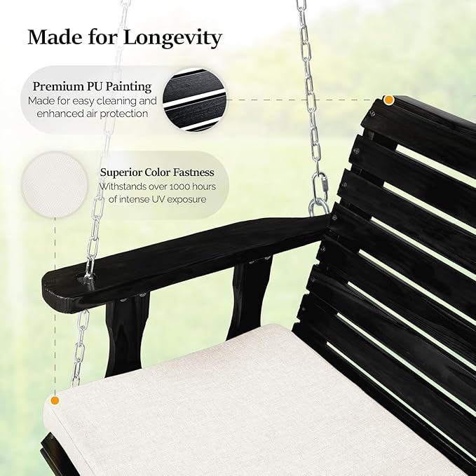 VINGLI Outdoor 4 FT Porch Swing, Heavy Duty 880 LBS Wooden Patio Swings with Cushions, Farmhouse Style Hanging Bench with Adjustable Chains for Yard | Garden | Lawn | Balcony, Black