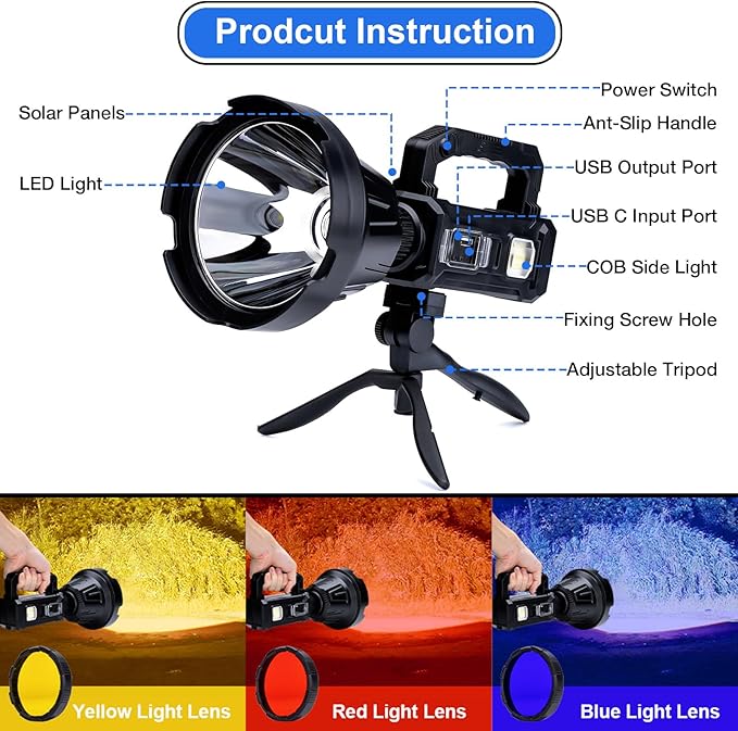 Rechargeable Spotlight Flashlight, Peascat 3,000,000L Lumens LED Handheld Spot Light, 6 Modes, 3 Colored Lenses, Solar & USB-C Charging, Tripod, IPX6 Waterproof for Fishing, Camping, Outdoor Emergency