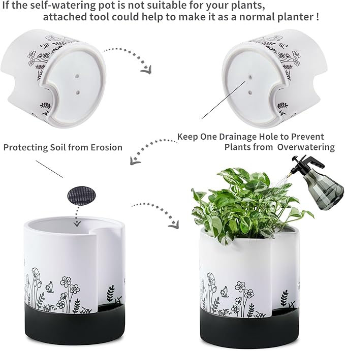 Nihow Self Watering Plant Pot: 8 Inch Ceramic Planter with Drainage Hole & Water Storage Plus for Indoor & Outdoor Plants - Cylinder Round Flower Pot for Succulent/Herbs/Violets - White
