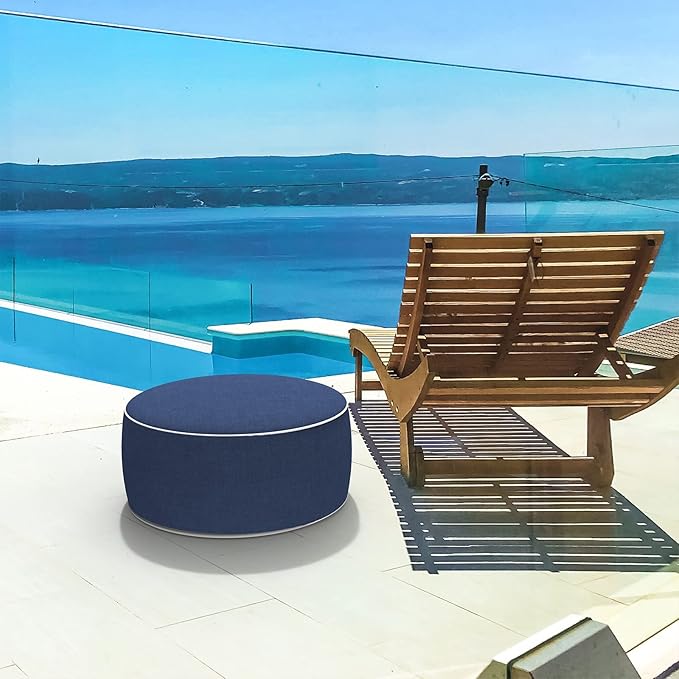 LVTXIII Outdoor/Indoor Inflatable Ottoman, All Weather Water-Repellent Round Footrest Stool with Handle, D21”x H9” Portable Pouf for Patio Garden Camping or Home-Navy Textured